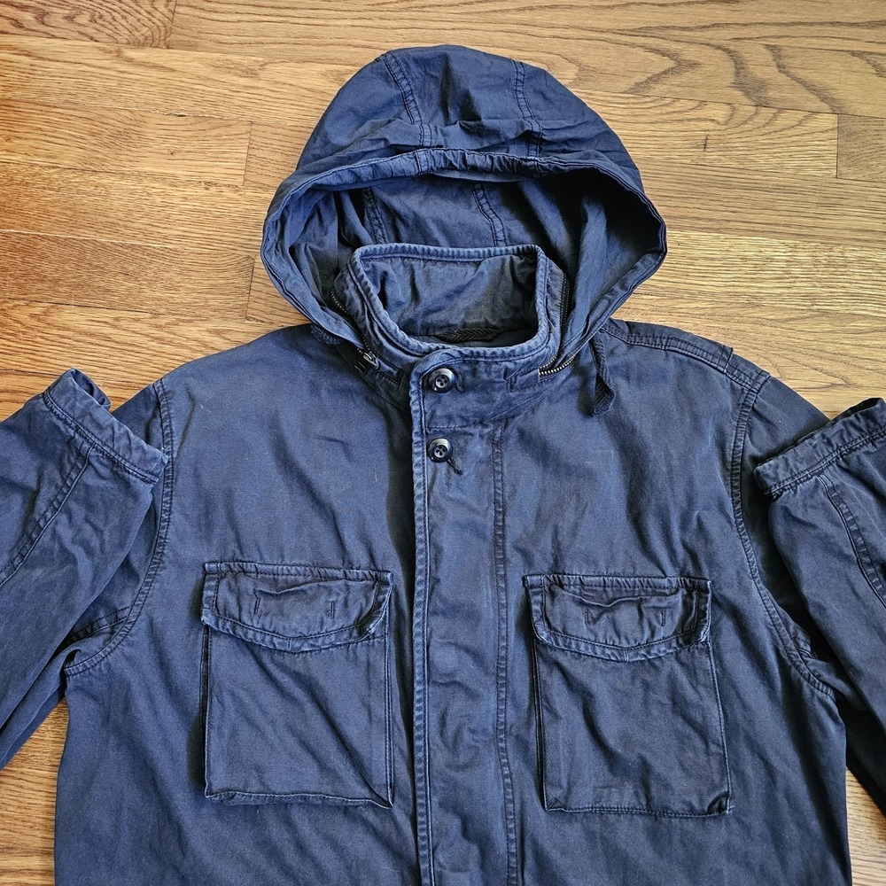 GAP Fatigue Jacket Mens Medium Navy Blue Utility Heavy Twill Coat Packable Hood